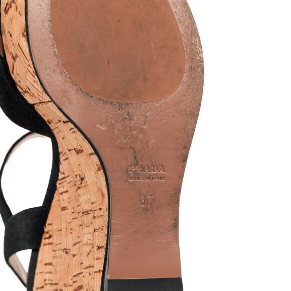 Prada Nero Scamosciato Suede Cork Wedge Sandals - Picture 5 of 11